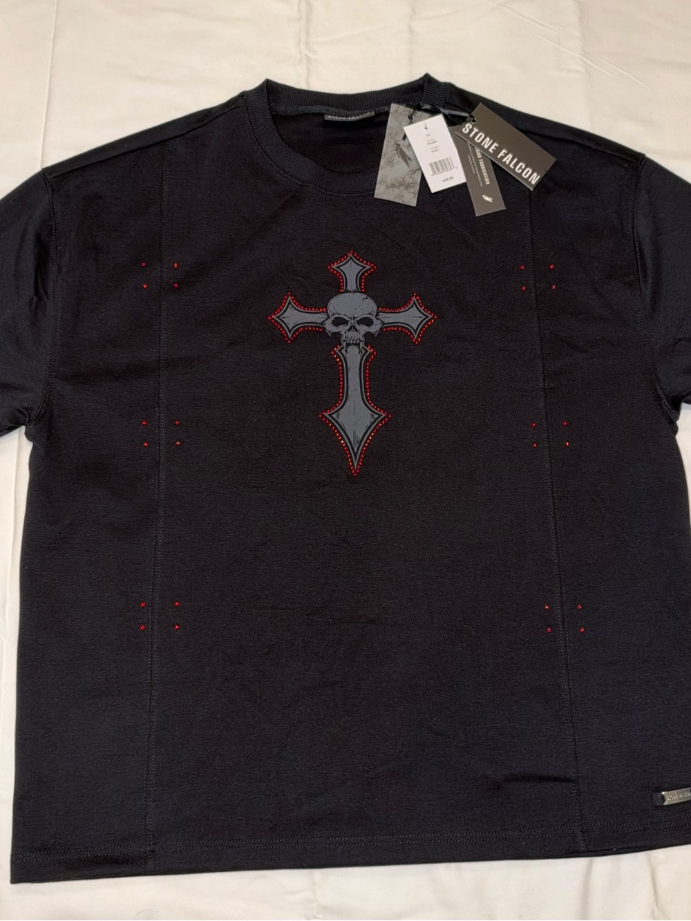 Stone Falcon Skull Cross T Shirt XL Black Red Rhinestone Oversized NWT SF-10048